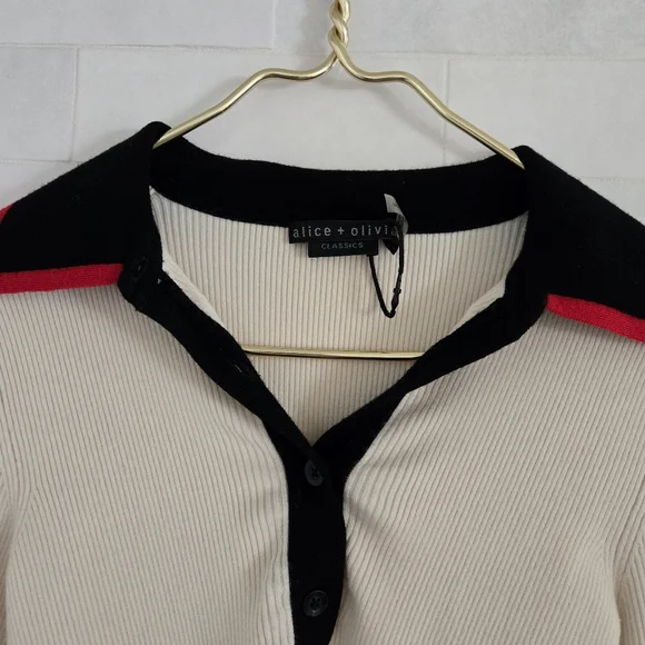 Alice + Olivia Pia Ribbed Polo Shirt Wool-Blend Colorblock Collar Sweater Knit S - Picture 7 of 9